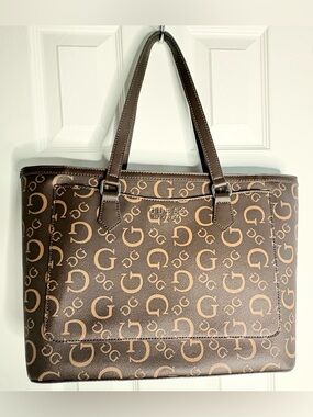 GUESS Brown Monogram Tote with Tan G Print